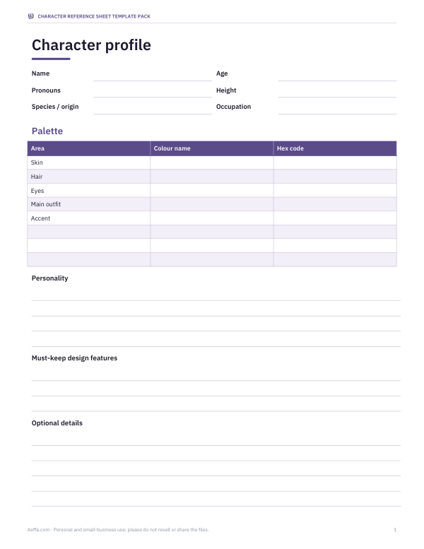 Preview of Printable Character Reference Sheet